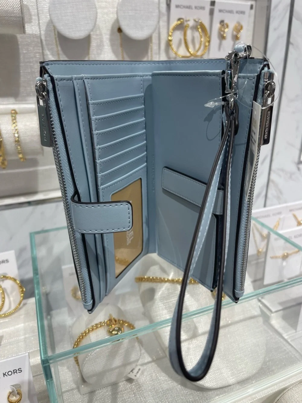 MICHAEL KORS JST Lg Double Zip Printed Signature Logo Wristlet Pale Ocean  NWT